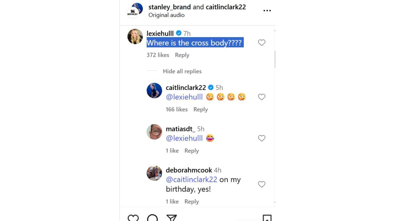 Lexie Hull&#039;s reaction to the Stanley 1913 collab with Fever teammate Caitlin Clark. [photo: @caitlinclark22/IG]