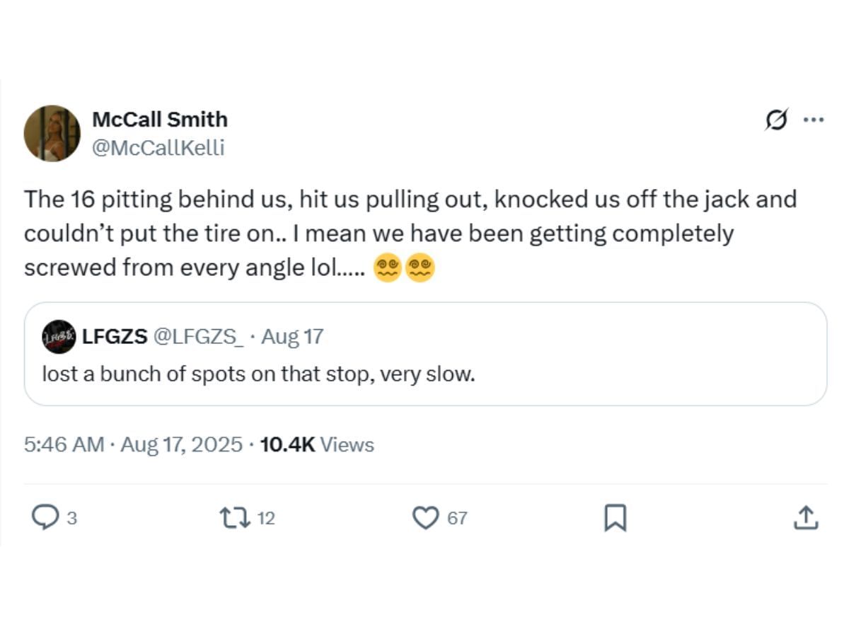 McCall&#039;s tweet on Zane-AJ Allmendinger clash at Richmond (Image via X/ @McCallKelli)