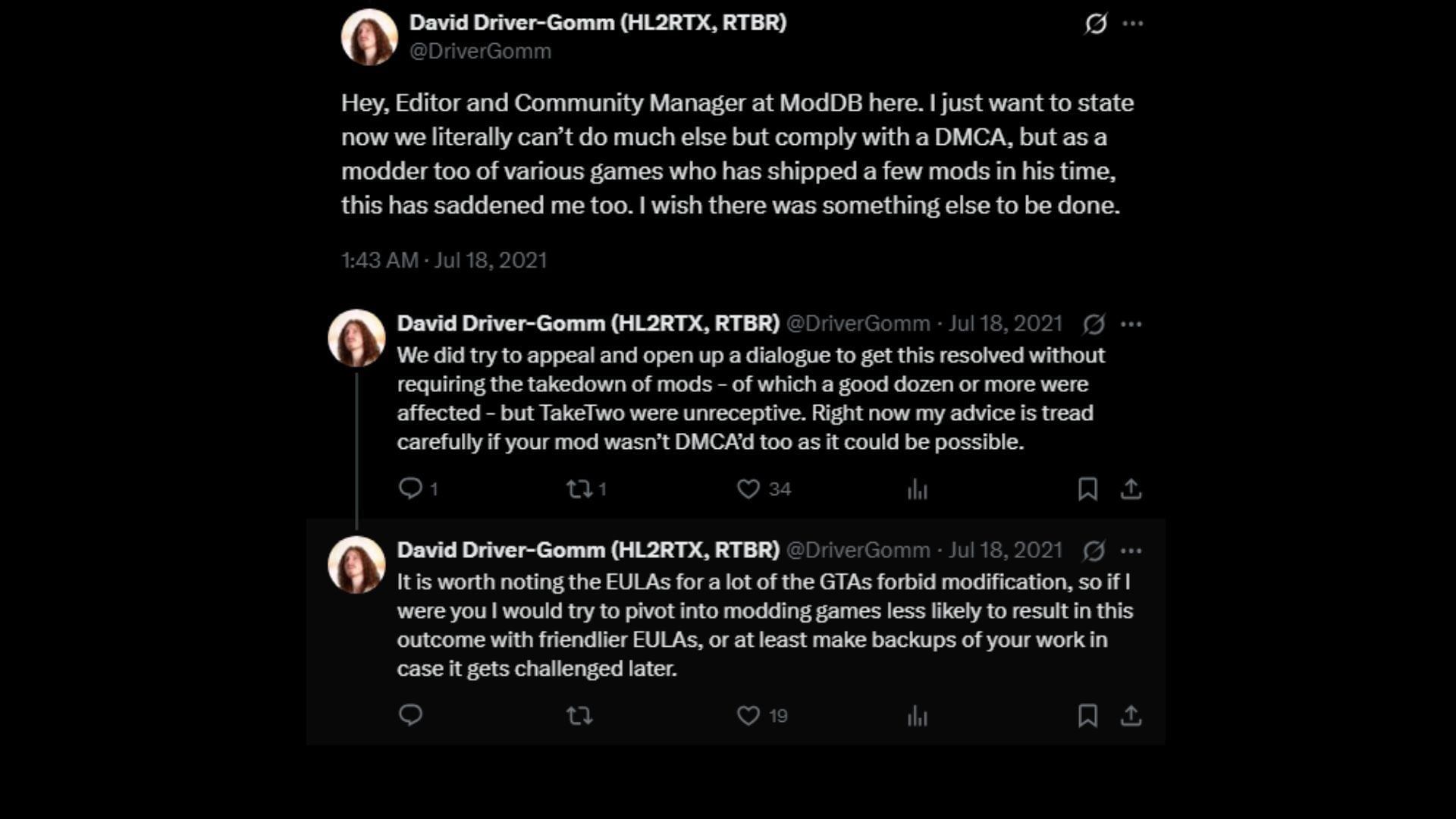 Tweets from ModDB&#039;s Editor and Community Manager at the time (Images via X)