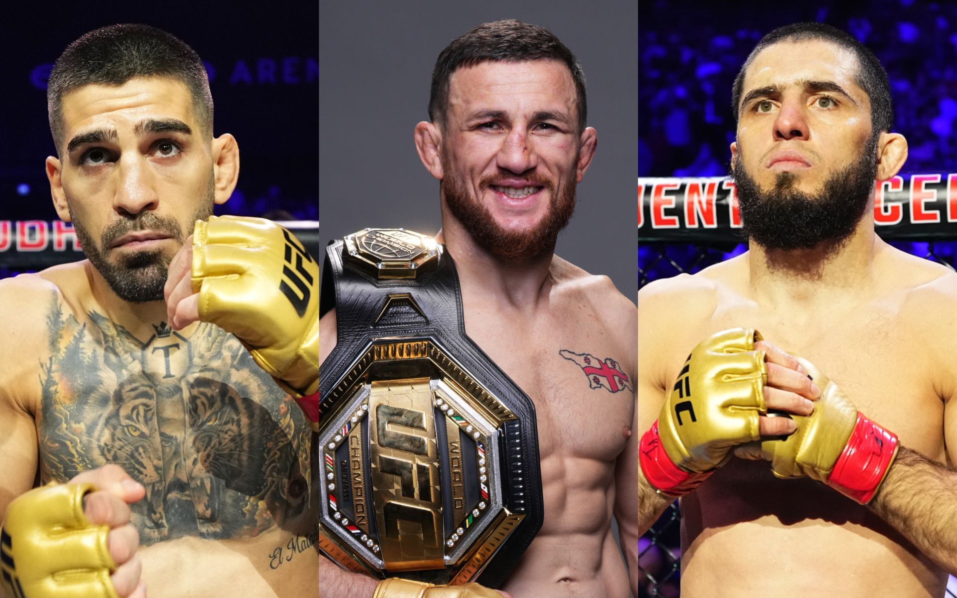 Merab Dvalishvili (middle) predicts potential Ilia Topuria (left) vs. Islam Makhachev (right) fight. [Images courtesy: Getty Images] 