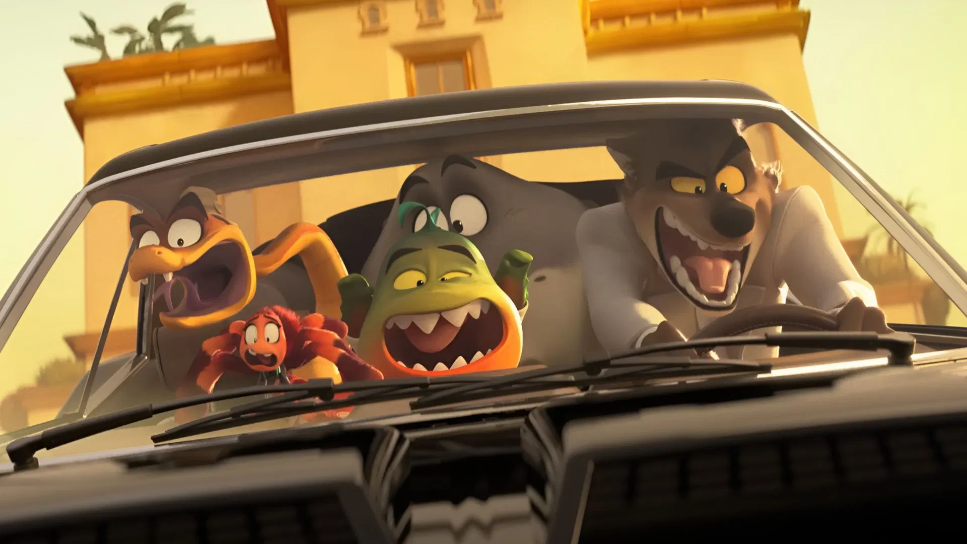 Mr. Wolf drives while Snake, Piranha, Shark, and Tarantula ride along laughing in a getaway car scene from The Bad Guys 2