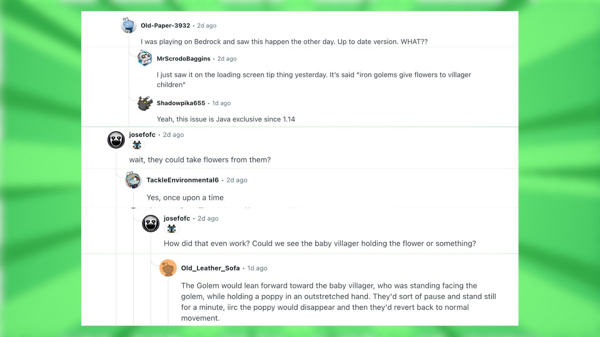 Redditors react to the iron golem offering flower (Image via Reddit)