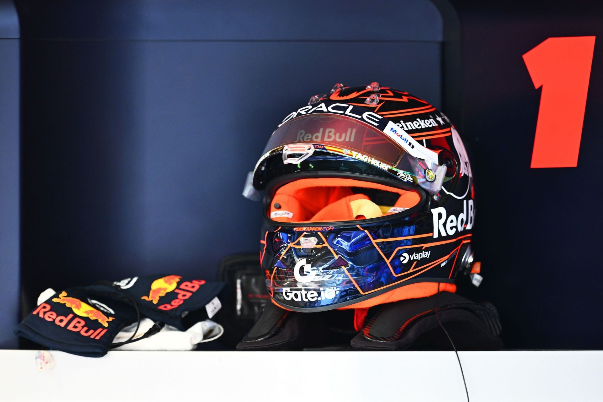 Max Verstappen&#039;s helmet and gloves sitting in the Red Bull garage - Belgian Grand Prix - Source: Getty