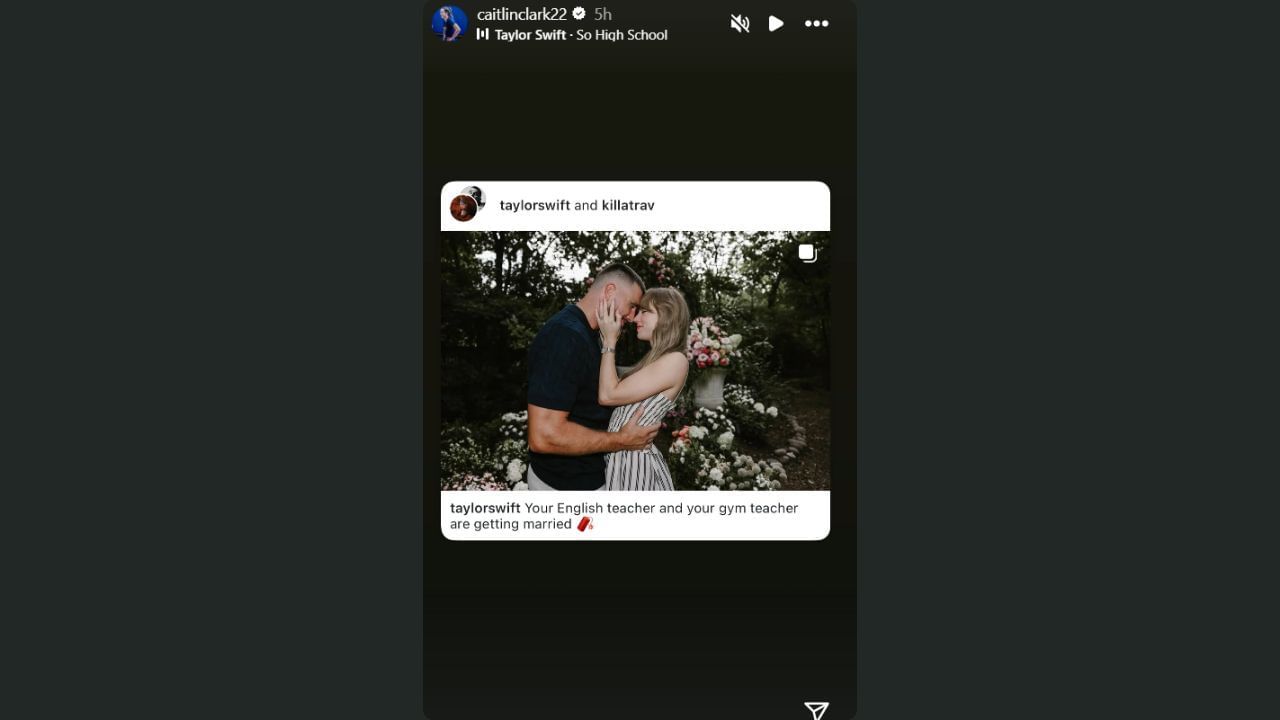 Clark shares Kelce-Swift engagement post on her IG story. (Credits: @caitlinclark22/Instagram)