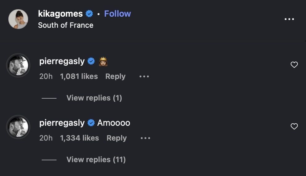 Screen grab of Pierre Gasly&#039;s comments under Kika Gomes&#039; Instagram post. [via Instagram/@kikagomes]