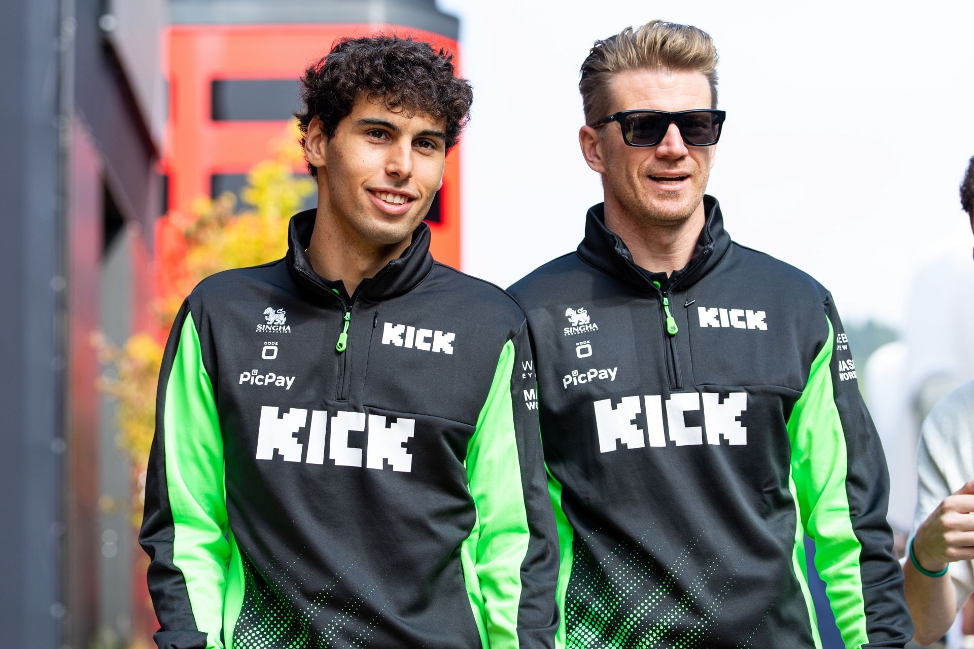 Gabriel Bortoleto of Brazil walks in the paddock with Nico Hulkenberg of Germany of Stake F1 Team Kick Sauber during practice ahead of the F1 Grand Prix of Belgium - Source: Getty