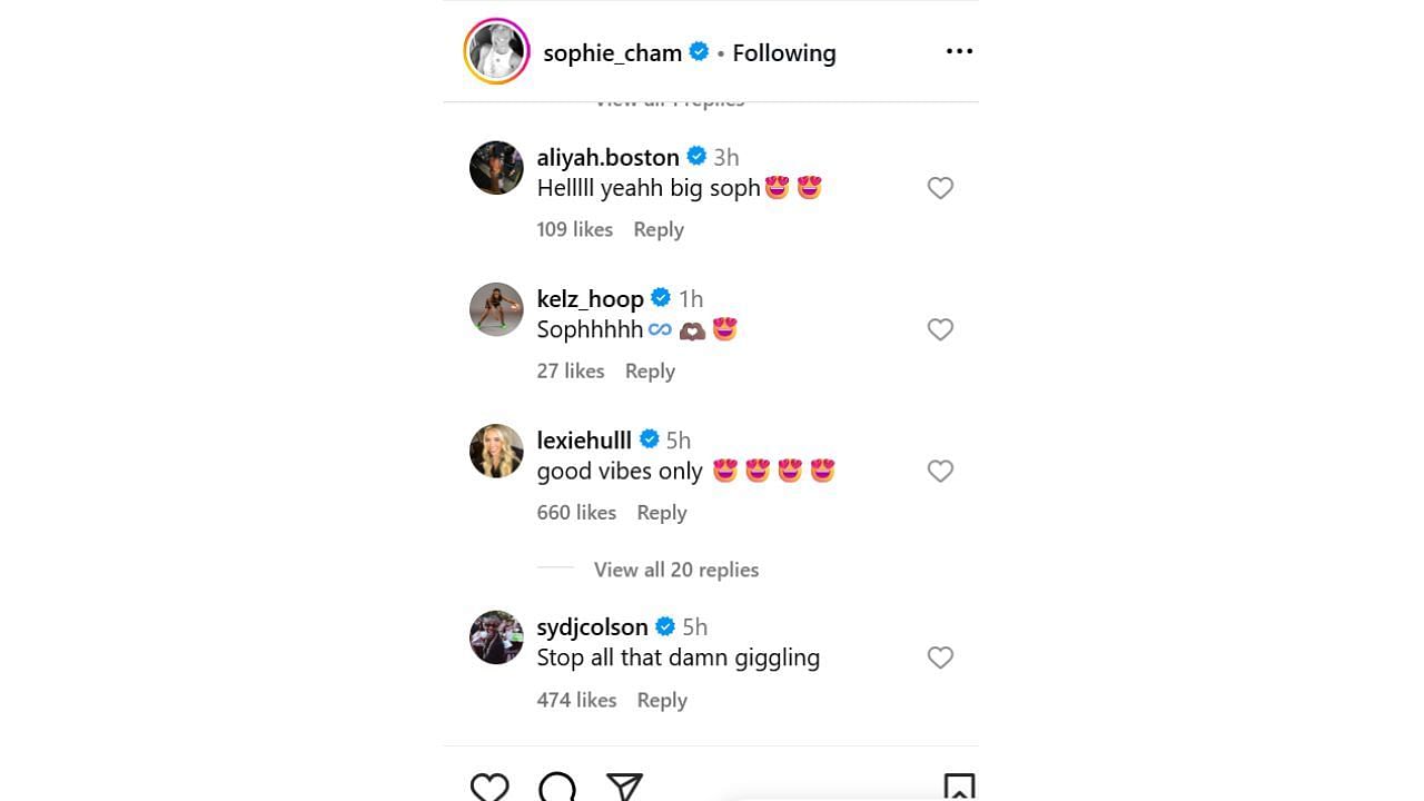 Sophie Cunningham&#039;s teammates, including Aliyah Boston, react to her Instagram post on Sunday following impressive road win against the Seattle Storm. [photo: @sophie_cham/IG]