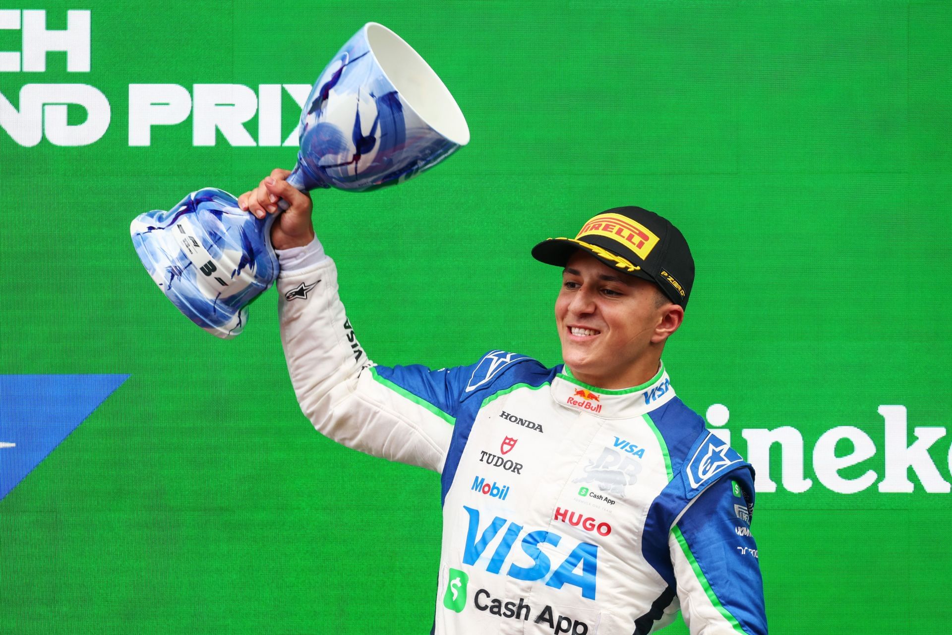 Racing Bulls&#039; Isack Hadjar celebrating on the podium after the 2025 F1 Grand Prix of the Netherlands - Source: Getty