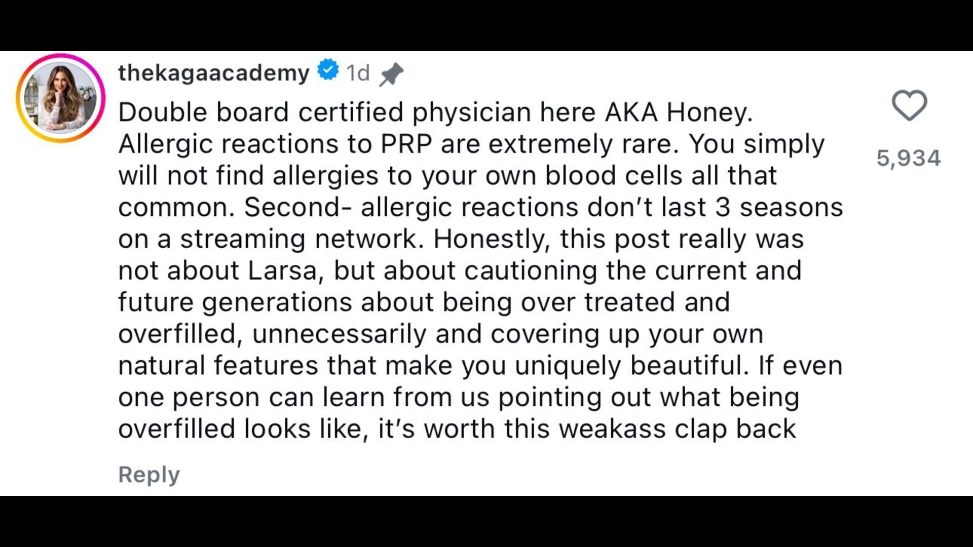A netizen claiming to be a physician responds to Larsa Pippen&#039;s &quot;allergic reaction&quot; comment. Credit: thekagaacademy/IG