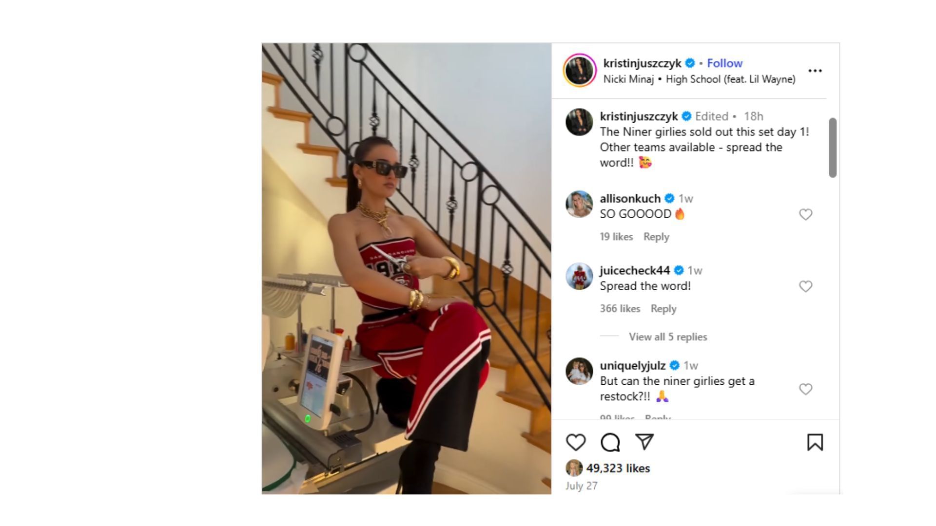 Kyle Juszczyk responded to his wife&#039;s Instagram post. (Comment via Kristin Juszczyk&#039;s Instagram)