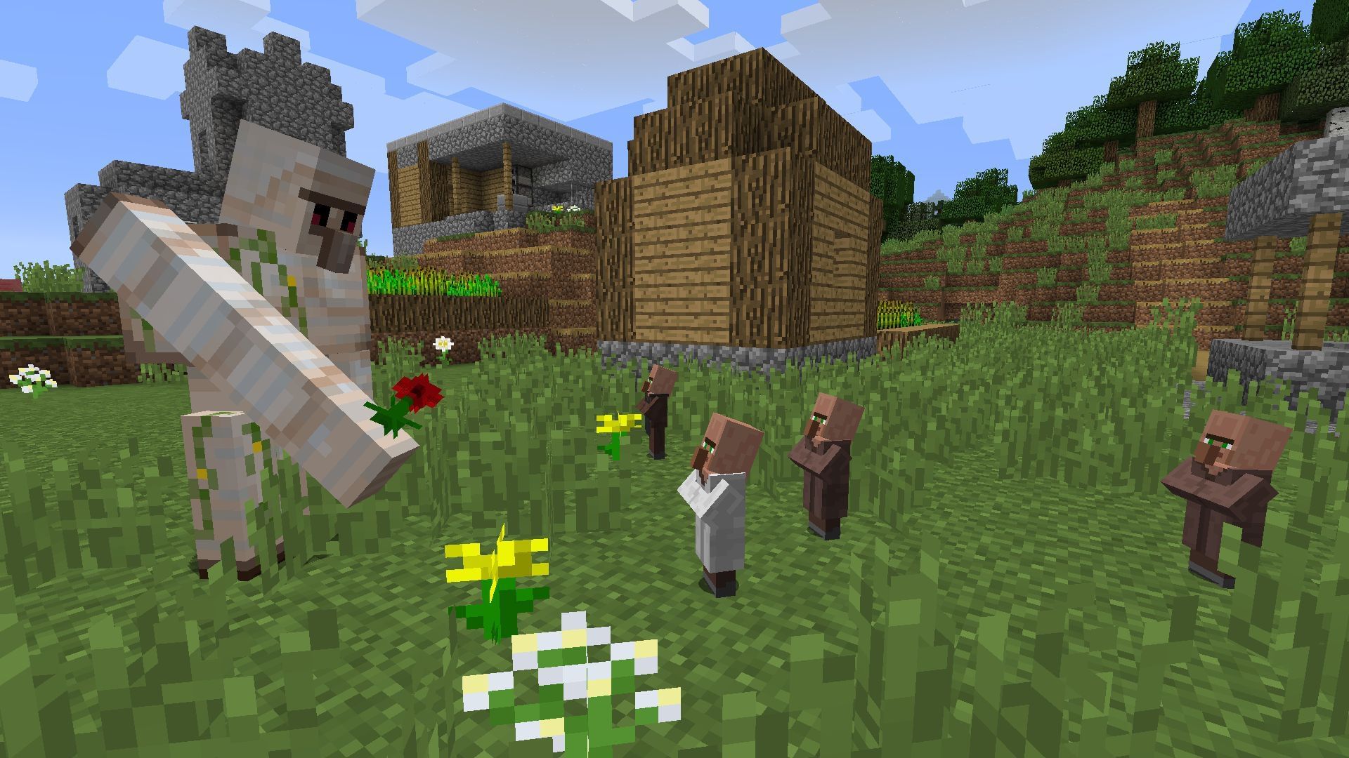 The iron golem offering a poppy flower to a baby villager (Image via Reddit/Just-Guarantee7808/Mojang Studios)