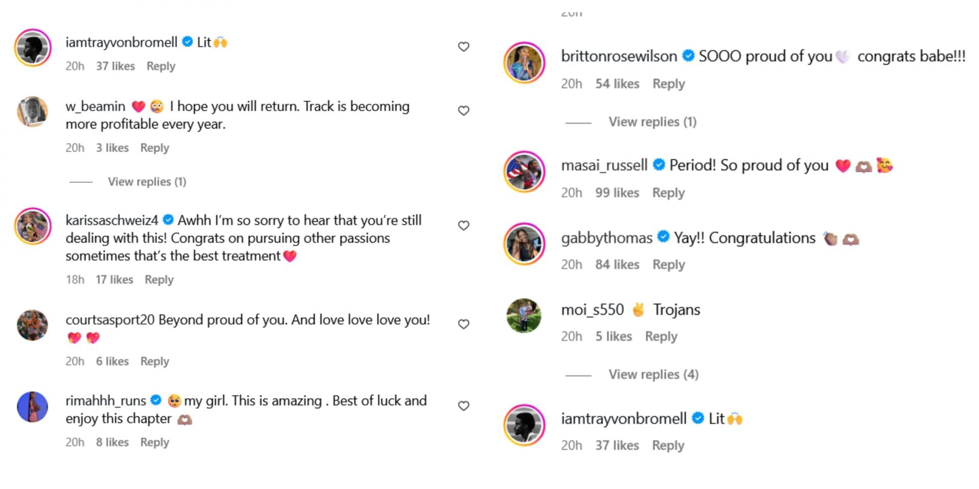 Screenshot of Gabby Thomas and other athletes&rsquo; reactions on Steiner&rsquo;s post. Credits- IG/ abby_steiner