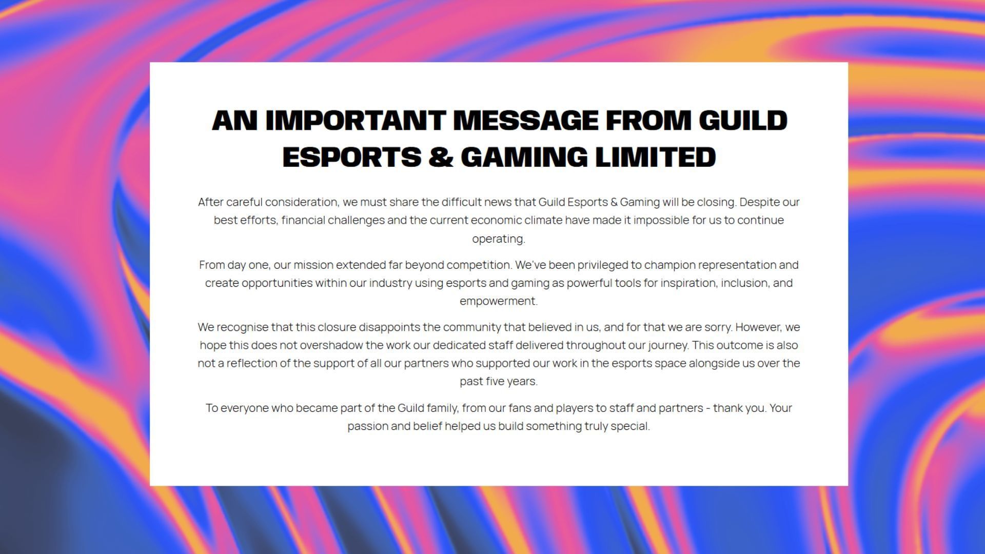Public statement on the website (Image via Guild Esports)