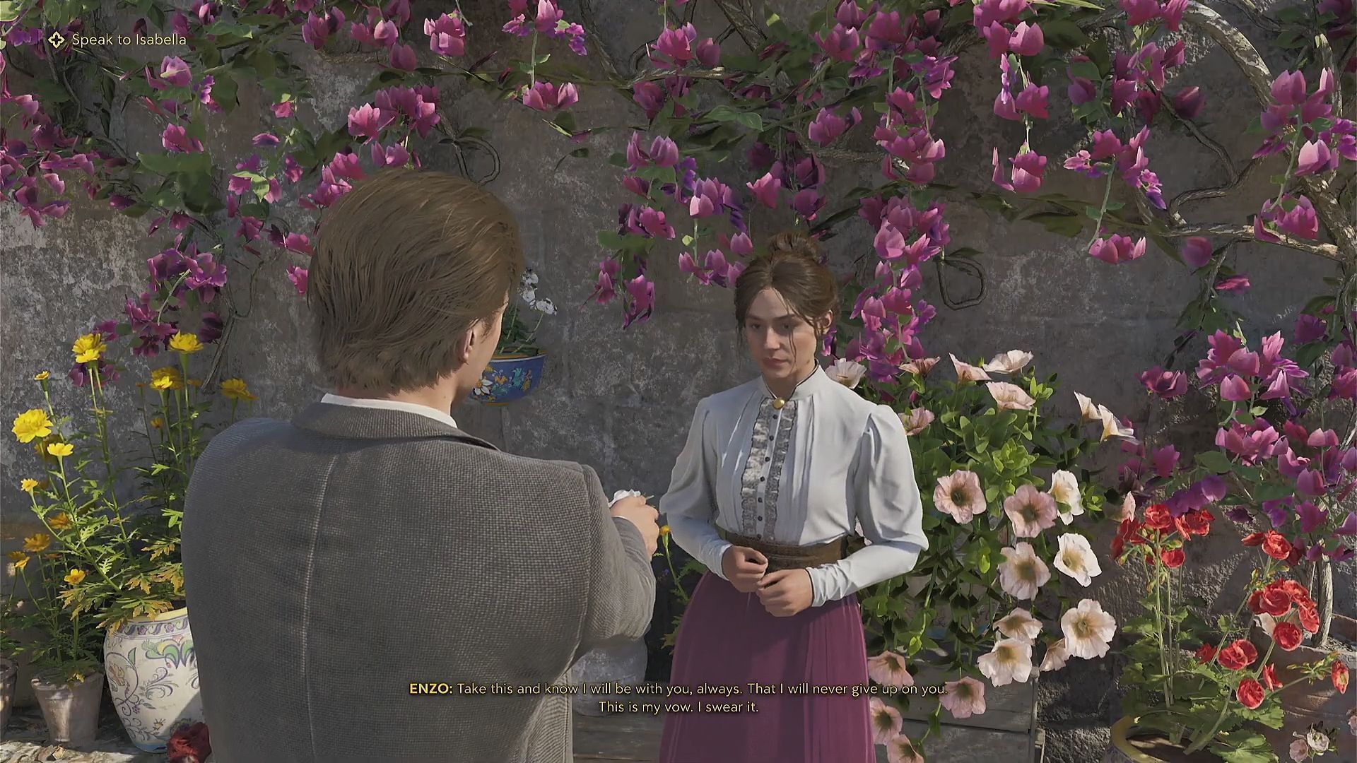 Enzo gifting a flower to Isabella in La Festa Chapter 10 (Image via 2K)