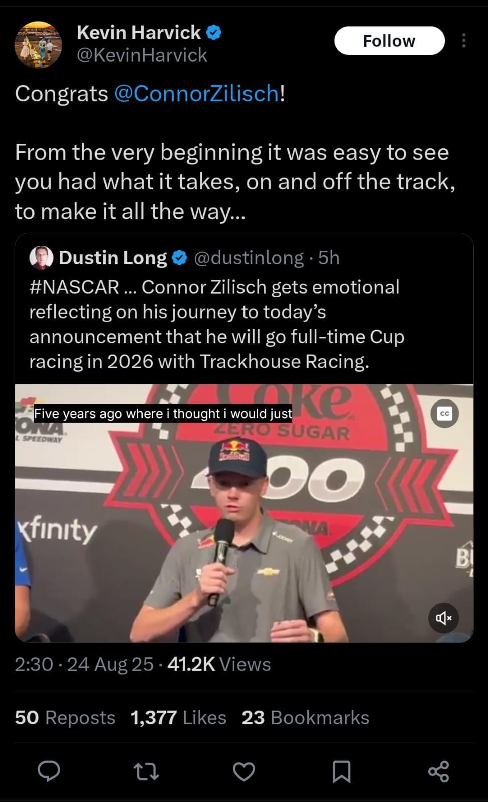 Screenshot of Kevin Harvick&#039;s tweet @KevinHarvick