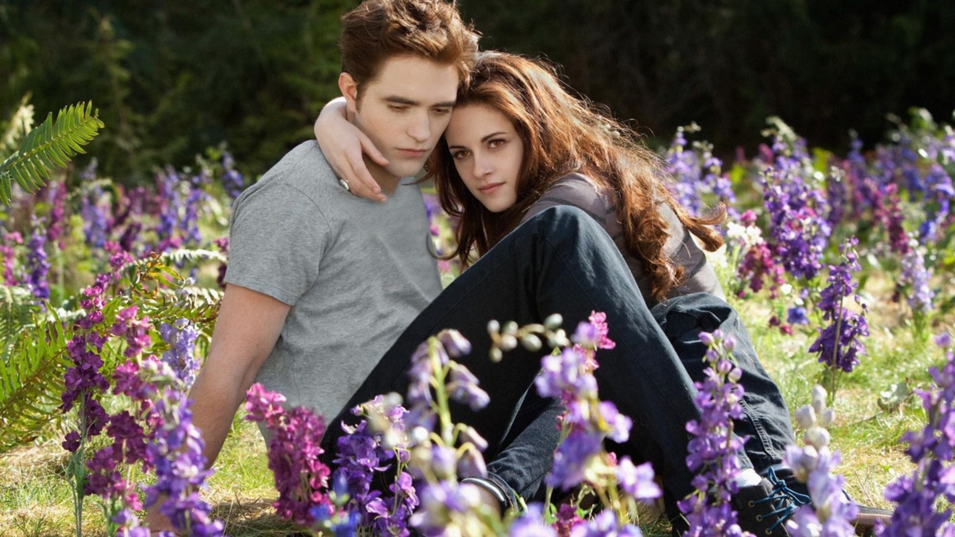Bella and Edward sit together in a meadow of purple flowers in The Twilight Saga.