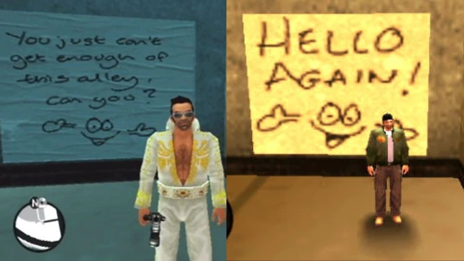 PS2 and PSP variants of Liberty City Stories&#039; secret message (Images via Rockstar Games || GTA Wiki)