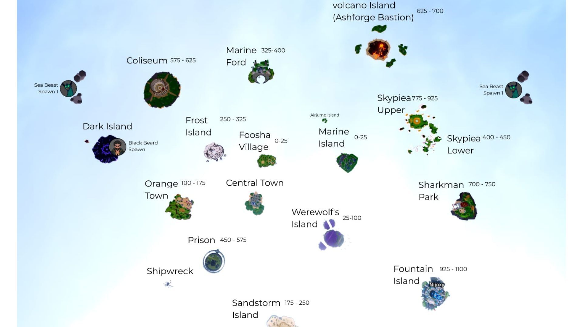 Foosha Village and Marine Island are the starter areas (Image via Vox Seas Trello)