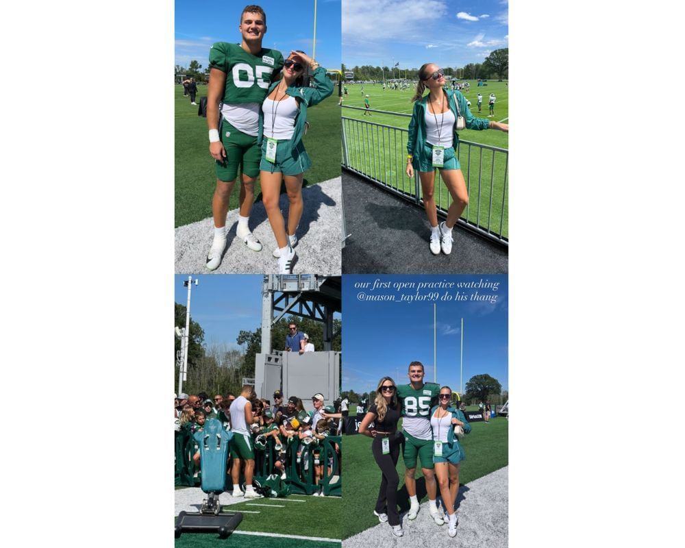 Mason Taylor&rsquo;s GF Sage Wagner twins with Jets TE in green during &lsquo;open practice&rsquo; in Big Apple ahead of preseason clash vs. Eagles [IG/@sagewagnerr]