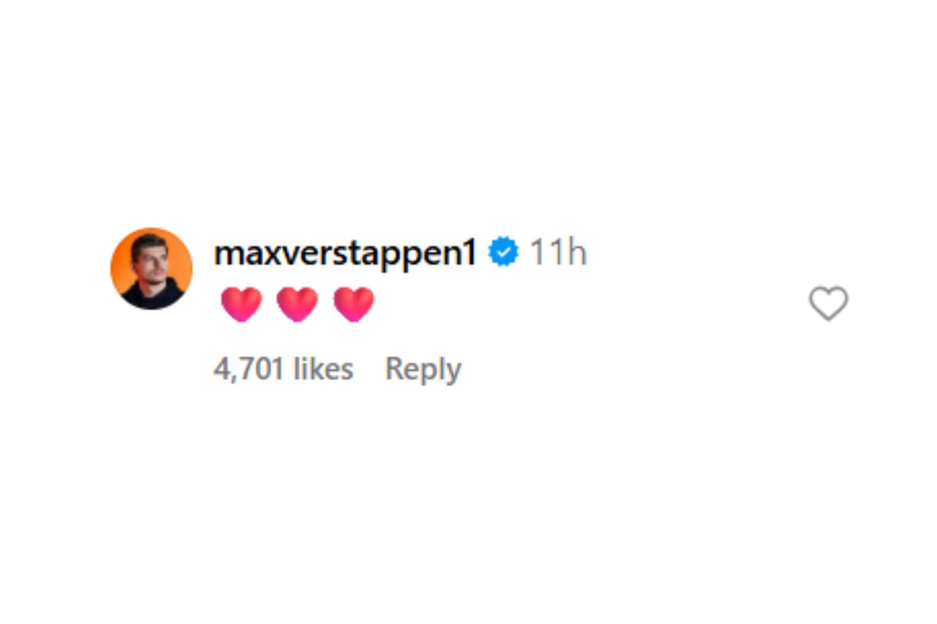 Snapshot of Max Verstappen&#039;s comment...credits-Instagram