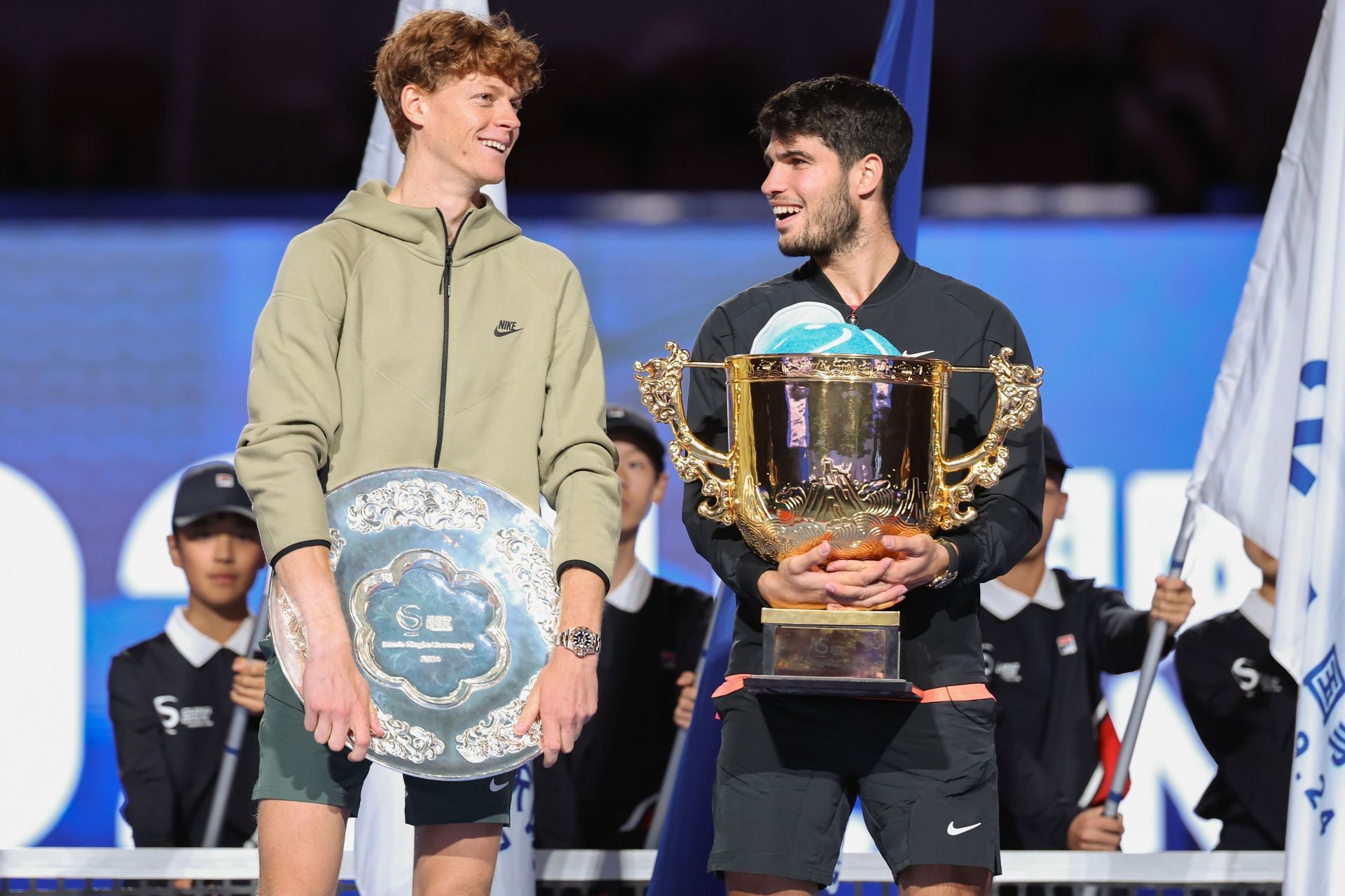 Jannik Sinner (left) and Carlos Alcaraz (right) at the 2024 China Open (Source: Getty)
