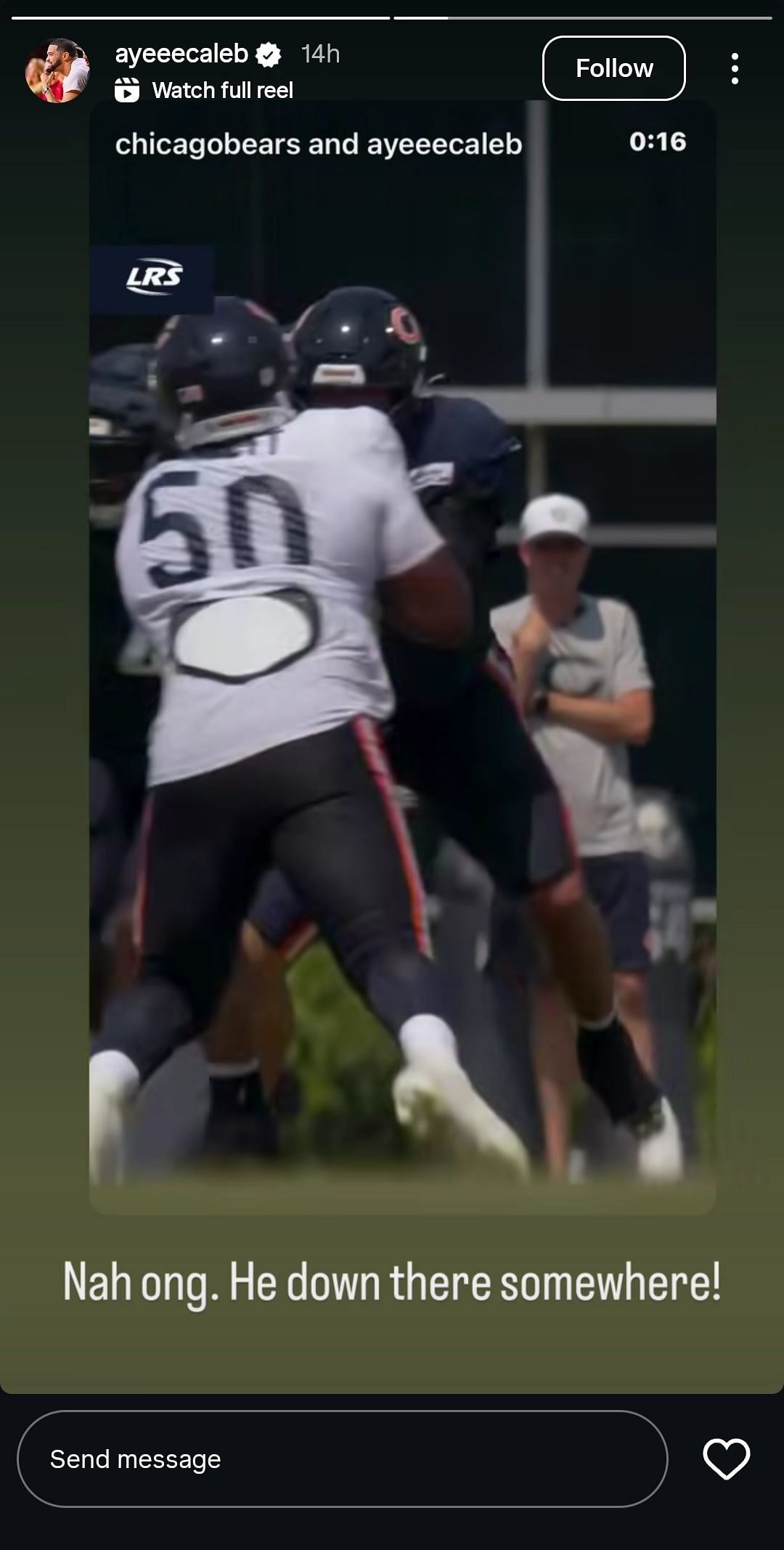Caleb Williams hypes up deep ball to Bears WR Rome Odunze at training camp (image credit: instagram/ayeeecaleb)