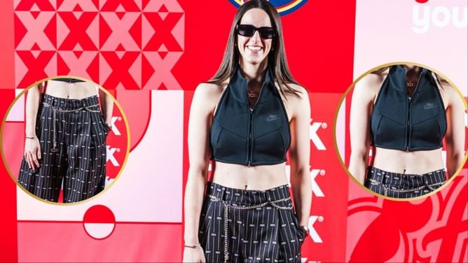 "Nike said no more Prada" - WNBA fans rave as Caitlin Clark unveils signature tunnel drip with ‘CC’ logo pants and matching chain for Fever game