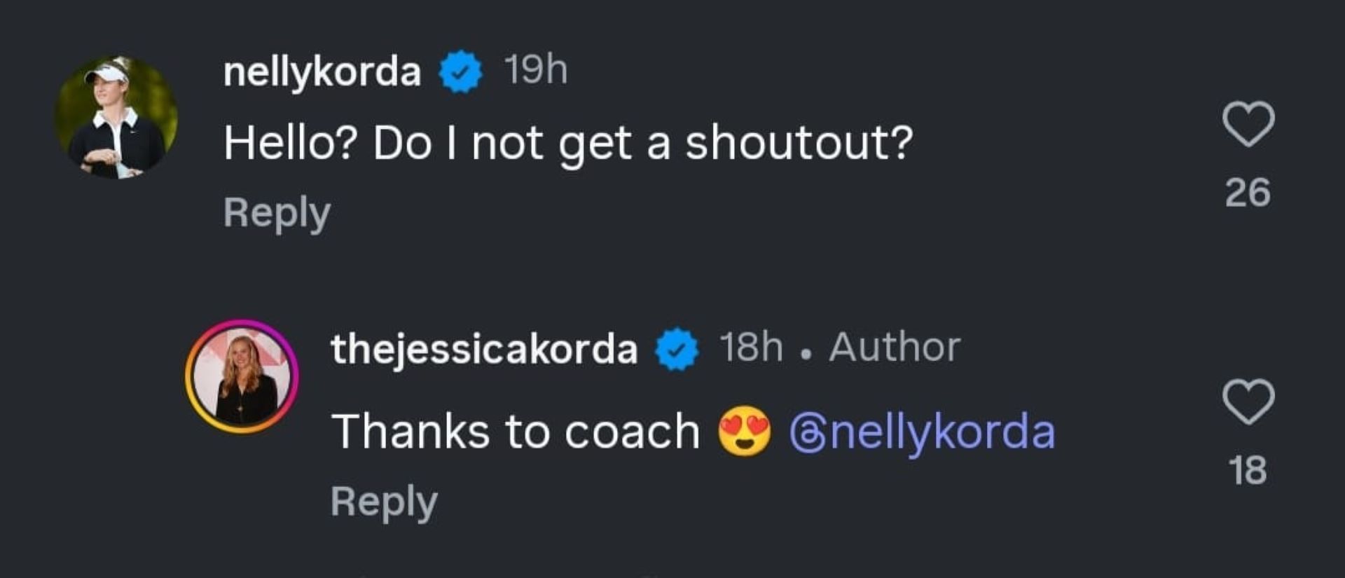Screenshot of Nelly Korda&#039;s comment on Jessica Korda&#039;s Instagram post