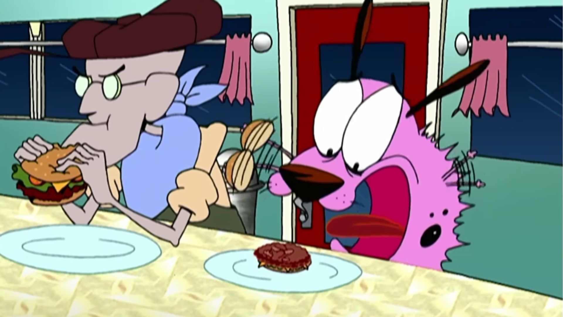 Courage the Cowardly Dog at the dinner table with Eustace, showing the show&rsquo;s distinct animation style. (Image via YouTube/Courage the Cowardly Dog)