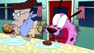 Courage the Cowardly Dog at the dinner table with Eustace, showing the show’s distinct animation style. (Image via YouTube/Courage the Cowardly Dog)
