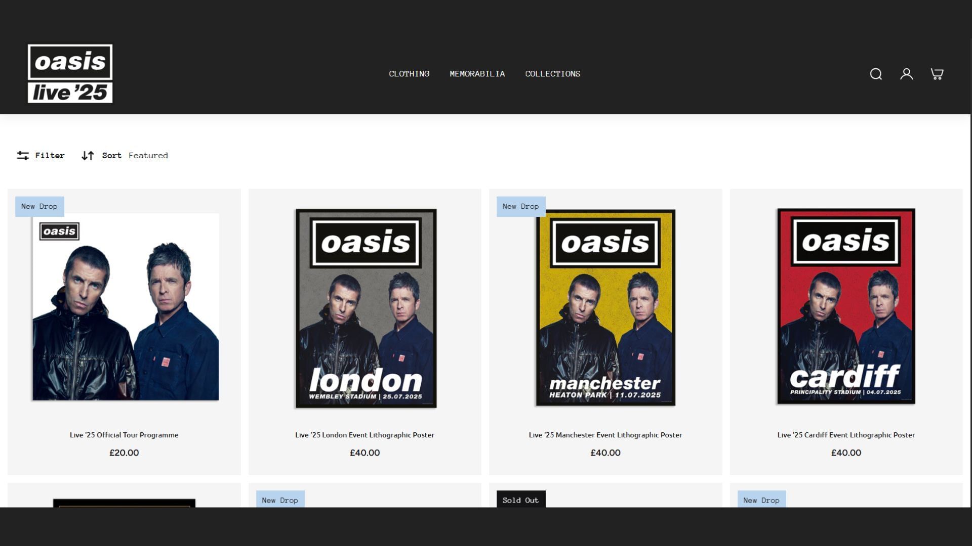Some of the memorabilia available on the online fanstore (Image via live25store.oasisinet.com)