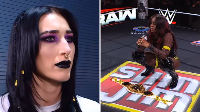 Rhea Ripley reacts after Naomi vacates her Women's World Title on WWE RAW
