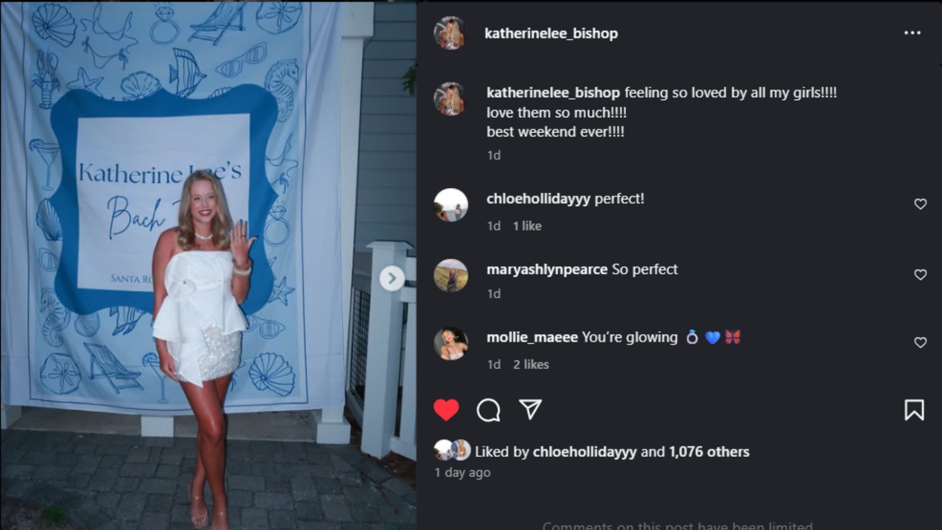 Chloe Holliday&#039;s comment on Katherine Bishop&#039;s Instagram post (Source: Instagram @katherinelee_bishop)