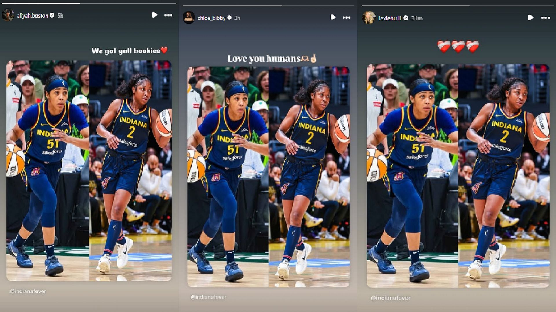 Aliyah Boston, Chloe Bibby, and Lexie Hull express their support for Sydney Colson and Aari McDonald. Credit: Boston/IG, Bibby/IG, Hull/IG