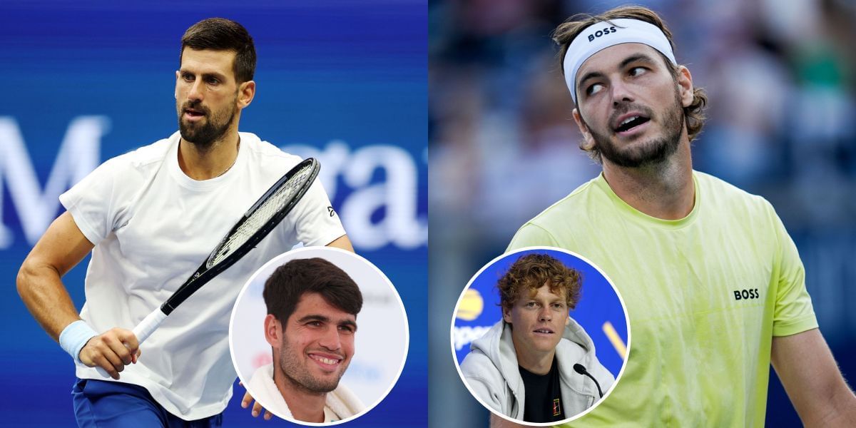 Novak Djokovic and Taylor Fritz. Insets: Carlos Alcaraz, and Jannik Sinner. (Images by Getty)