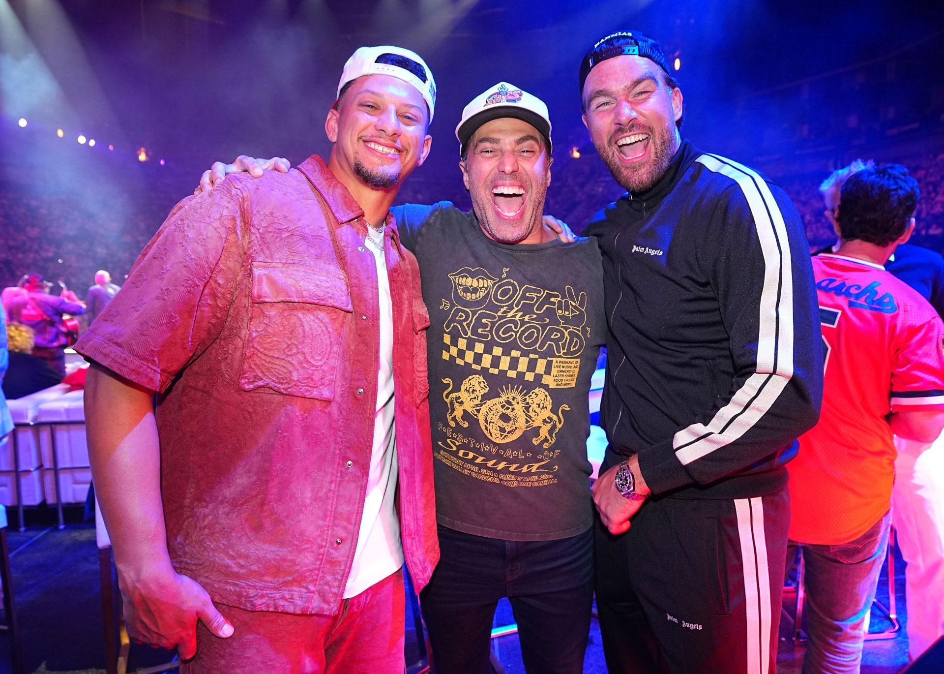 Patrick Mahomes, Adam Ray, and Travis Kelce pose during the Big Slick Celebrity Weekend benefiting Children&#039;s Mercy Hospital on May 31, 2025 in Kansas City, Missouri.  - Source: Getty