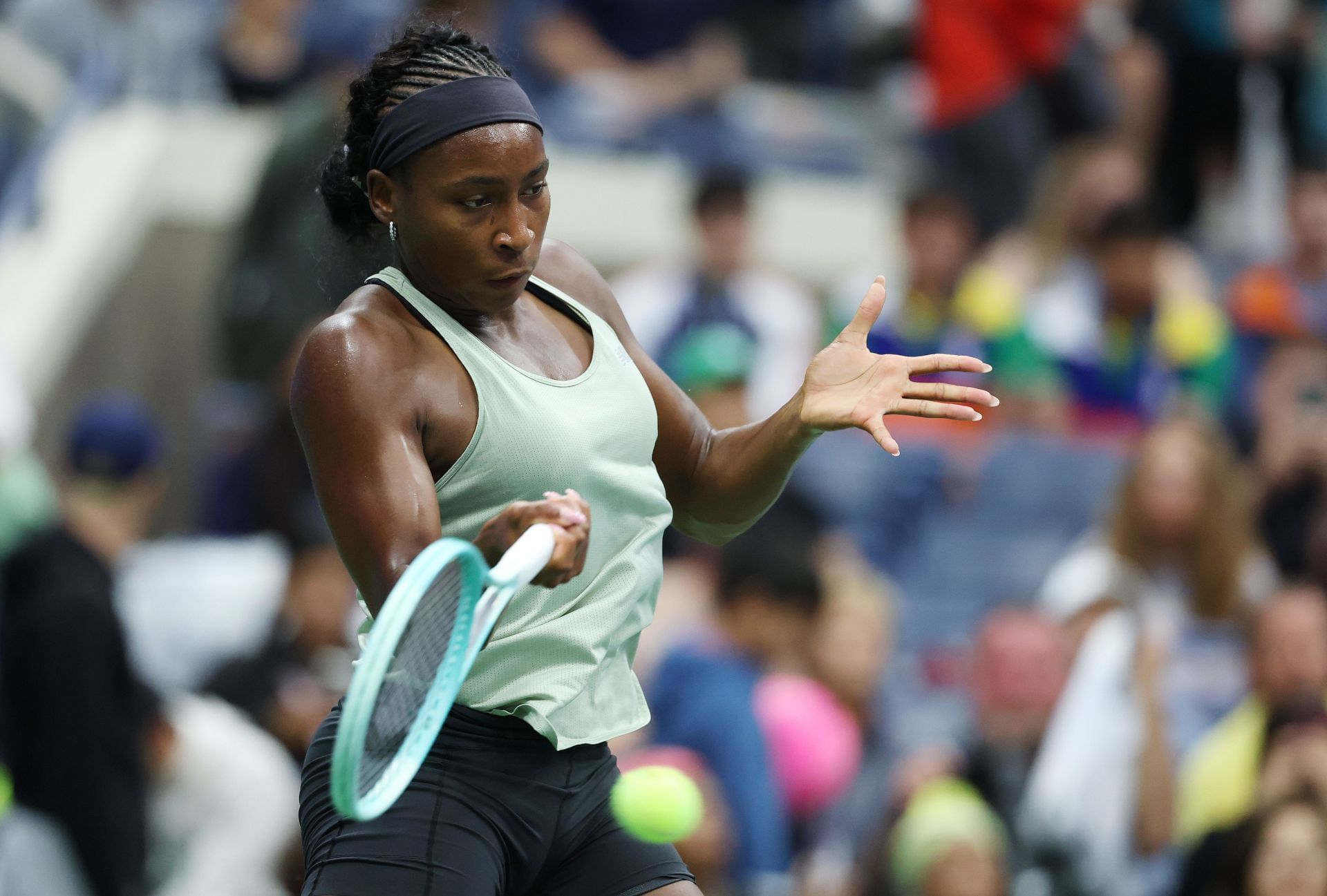 Coco Gauff hits a forehand during a practice session at the 2025 US Open (Source: Getty)