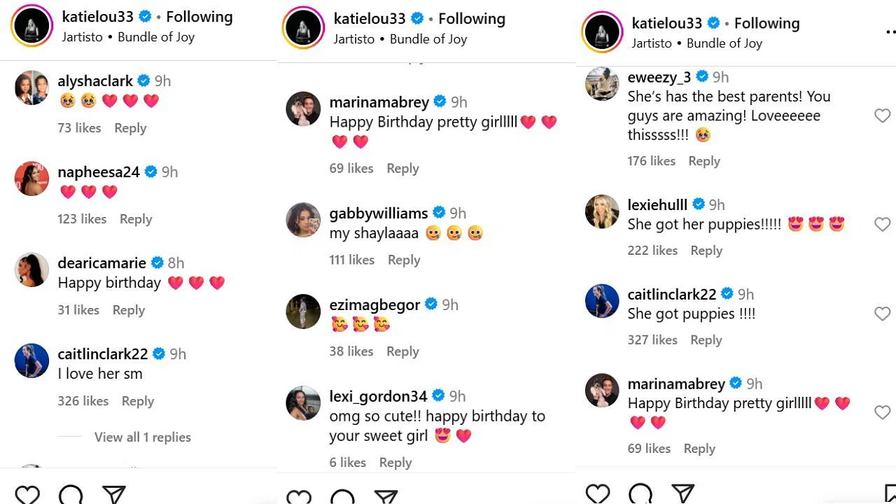 Caitlin Clark and other WNBA players react to Katie Lou Samuelson&#039;s birthday post for her daughter on Sunday. [photo: @katielou33/IG]