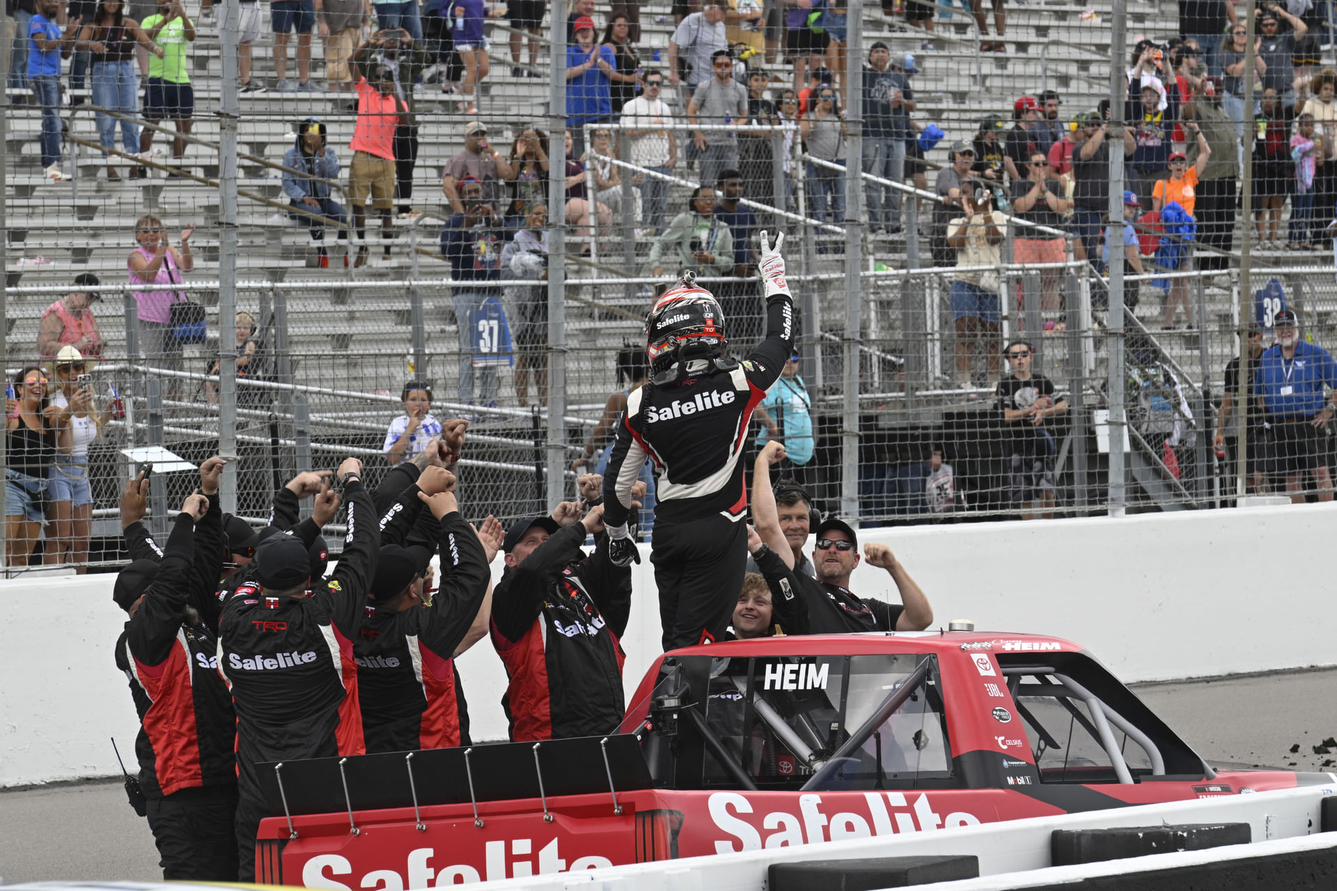 Corey Heimis  celebrating after winning the NASCAR: Truck Series Toyota 200 at the World Wide Technology Raceway- Source: Imagn