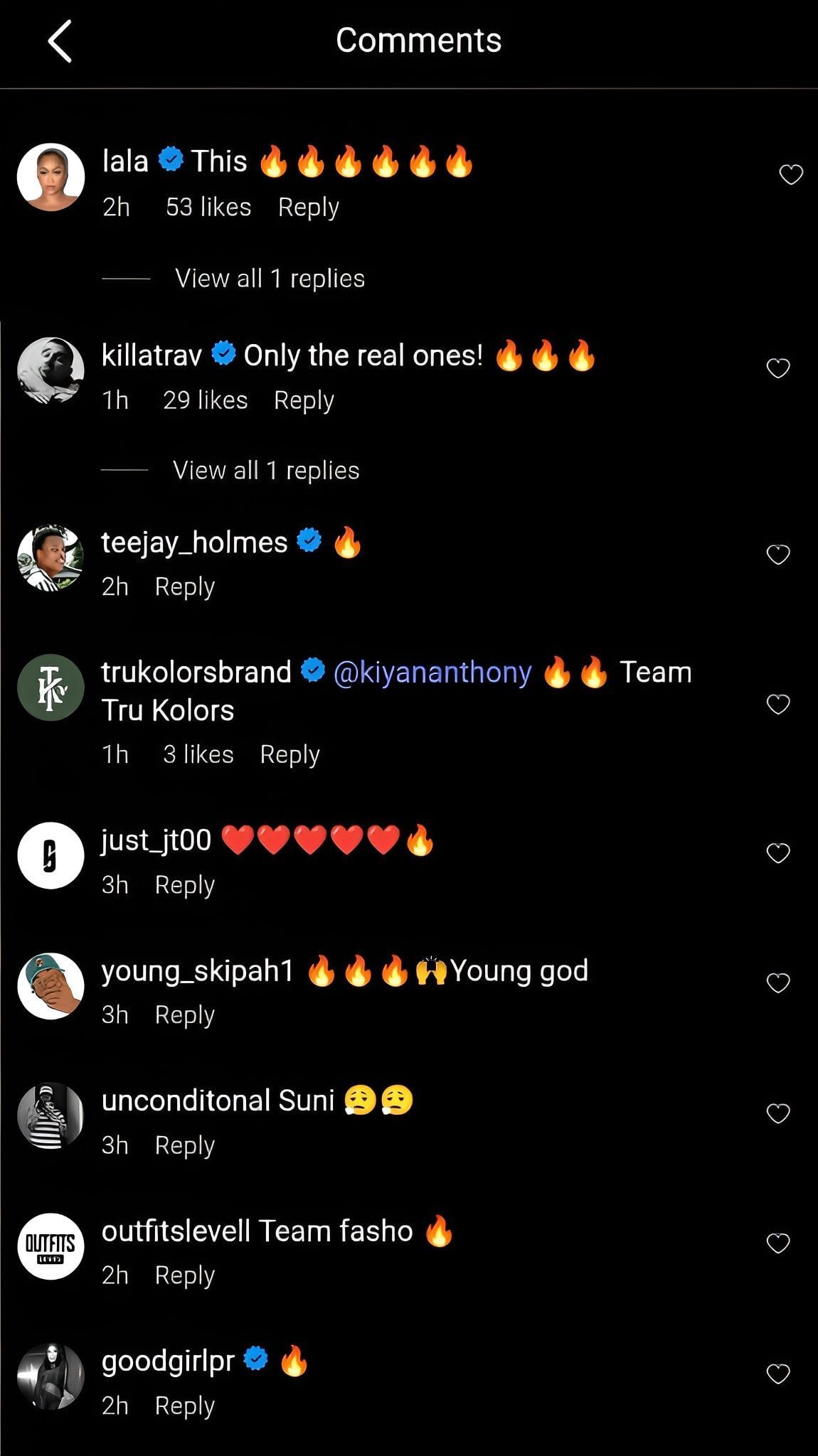 Comments on the post (image credit: instagram/kiyananthony)