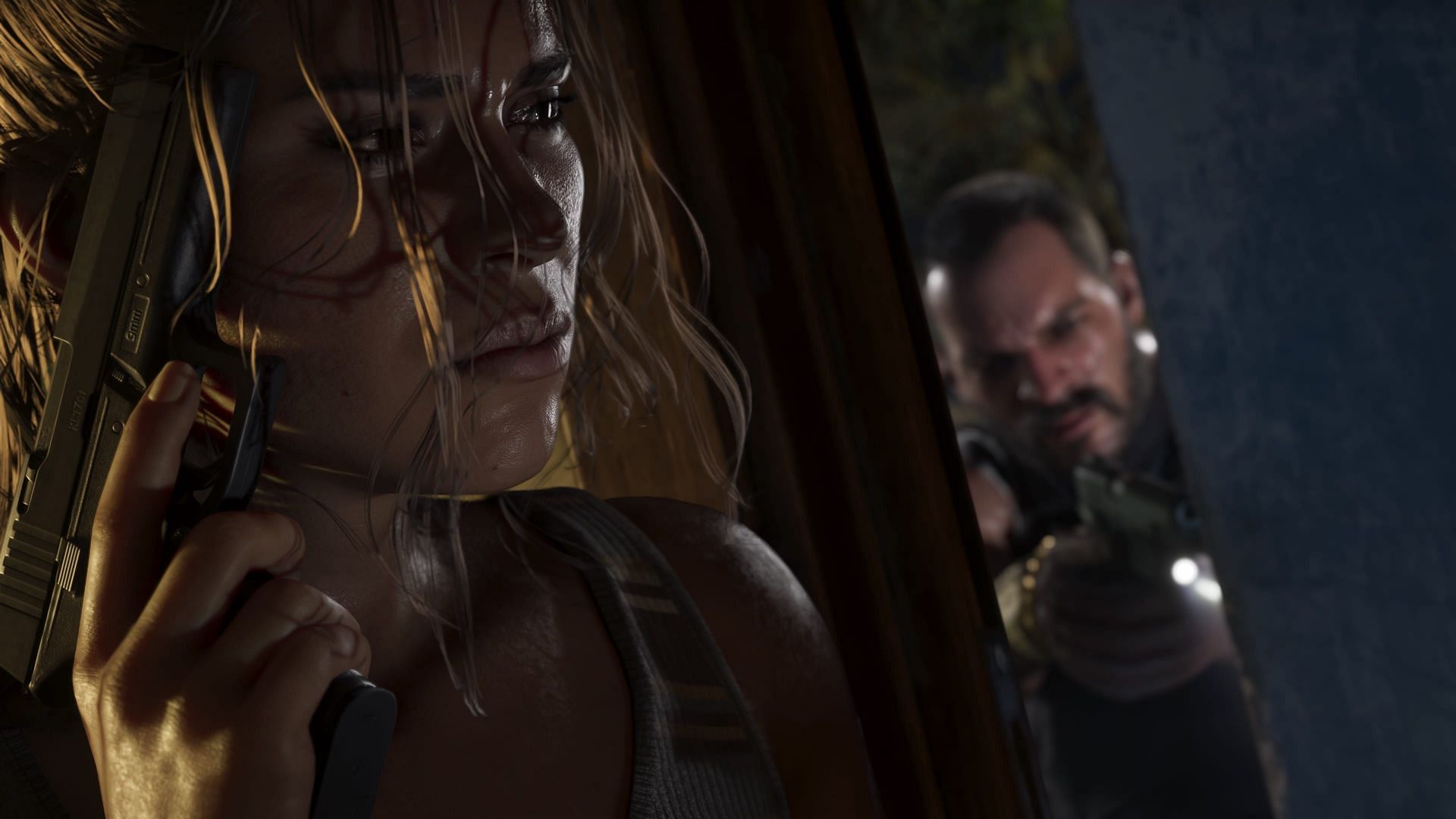Lucia hiding from an NPC in a tense moment (Image via Rockstar Games)