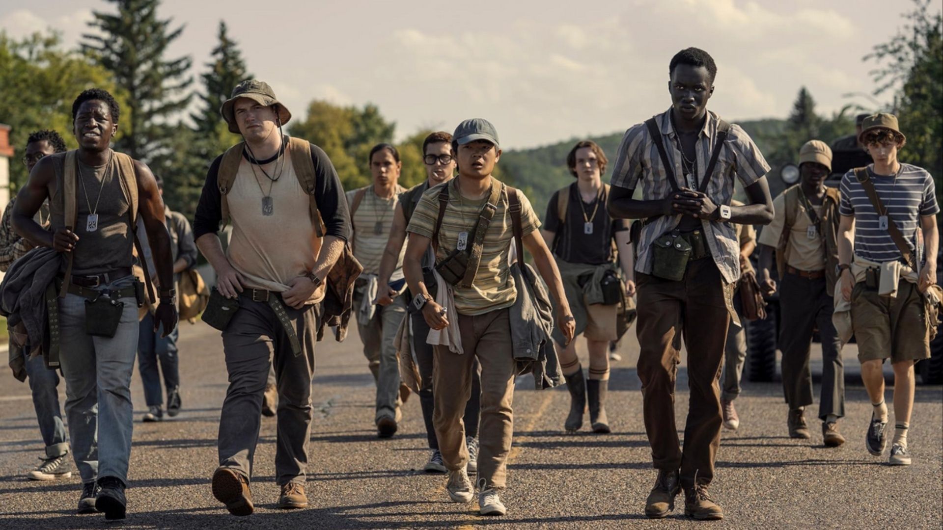 The Walkers begin their deadly journey in The Long Walk, where fifty boys must march under threat of execution. (Image via YouTube/Lionsgate Movies)