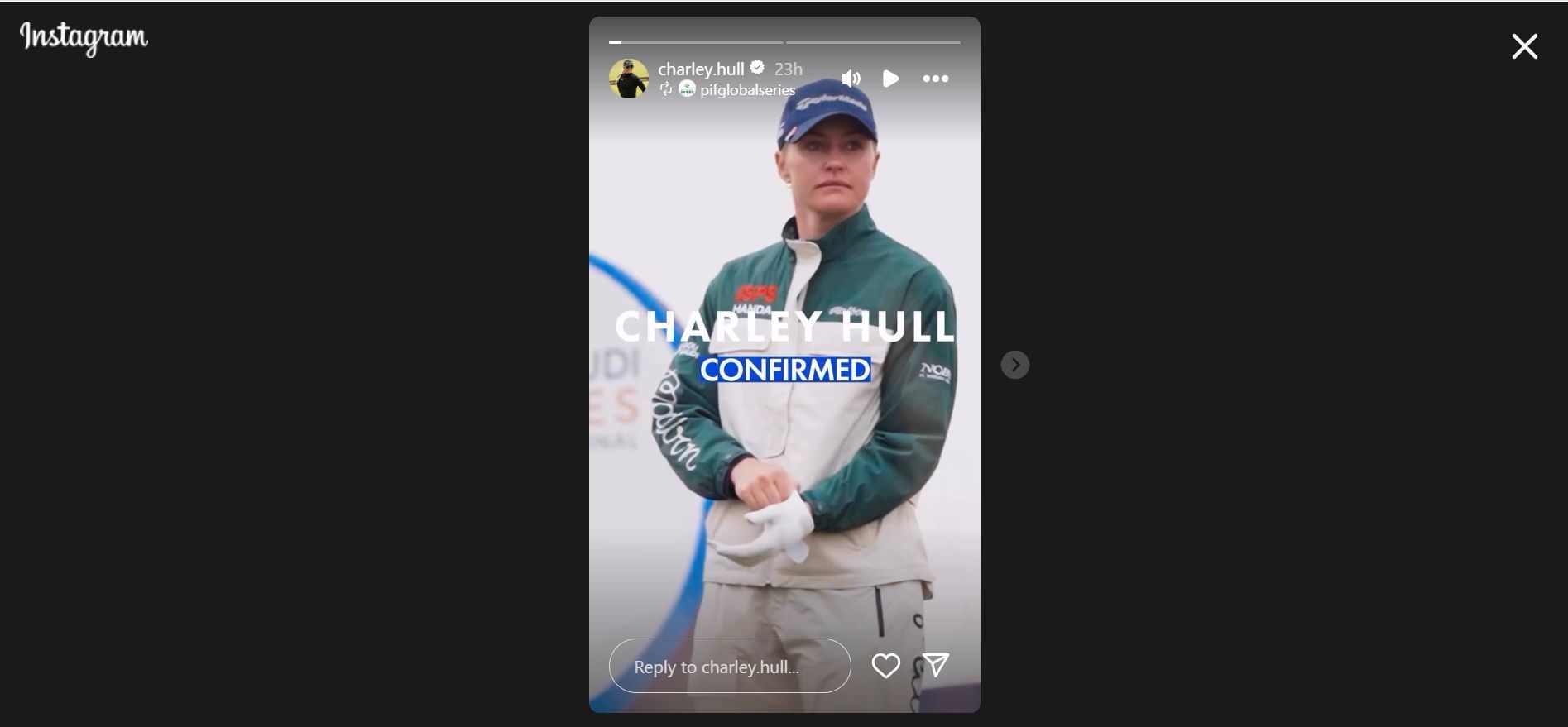 Still taken from Hull&#039;s Instagram story (Image Credit: Instagram @charley.hull)