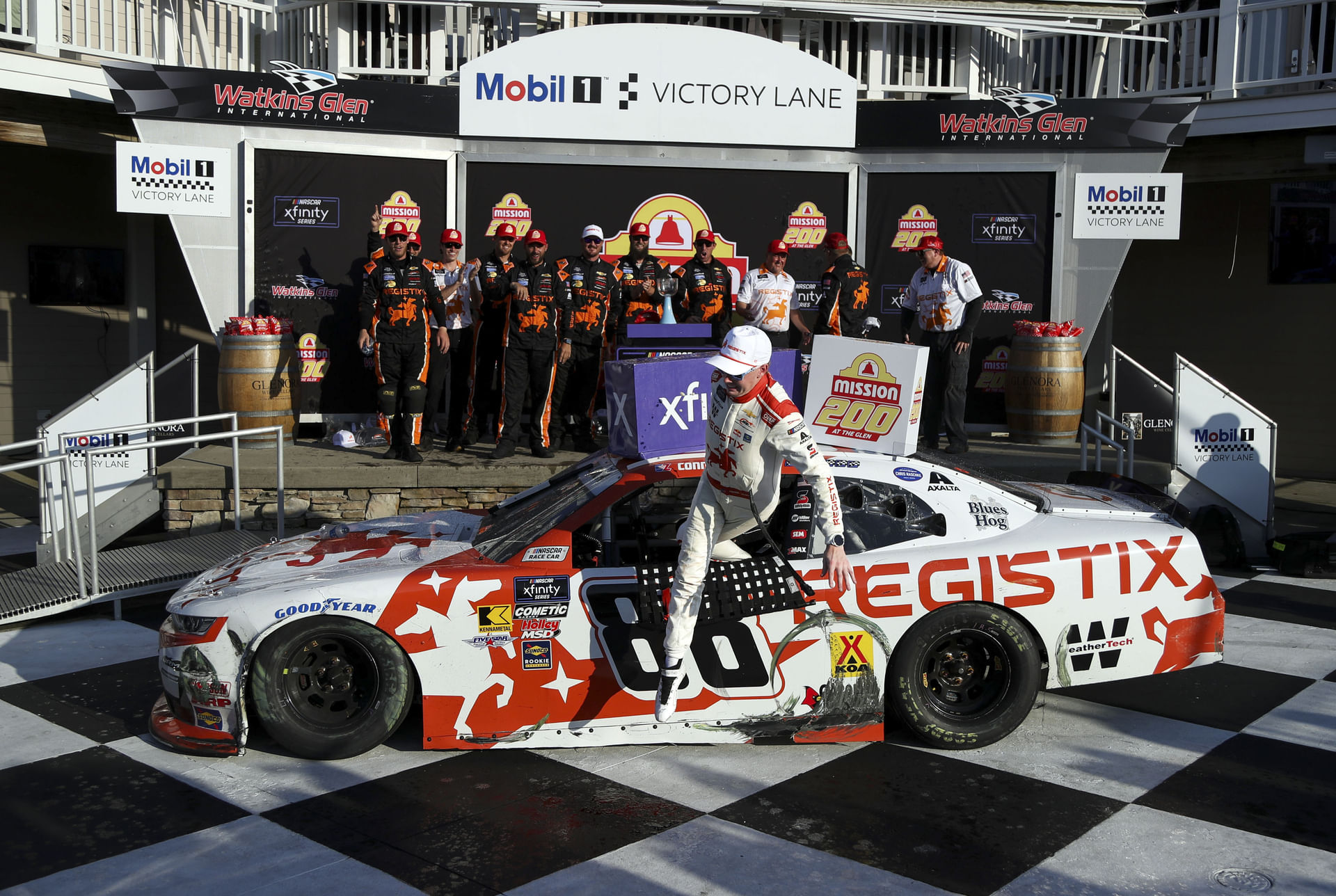 NASCAR Xfinity Series driver Connor Zilisch falls after winning the Mission 200. Source: Imagn