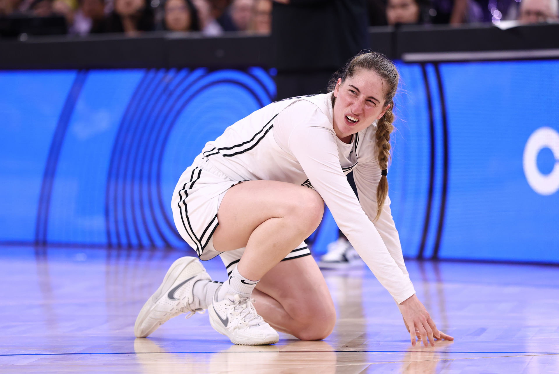 Aug 11, 2025; San Francisco, California, USA; Golden State Valkyries guard Kate Martin (20) after a play against the Connecticut Sun during the fourth quarter at Chase Center. Mandatory Credit: Kelley L Cox-Imagn Images - Source: Imagn