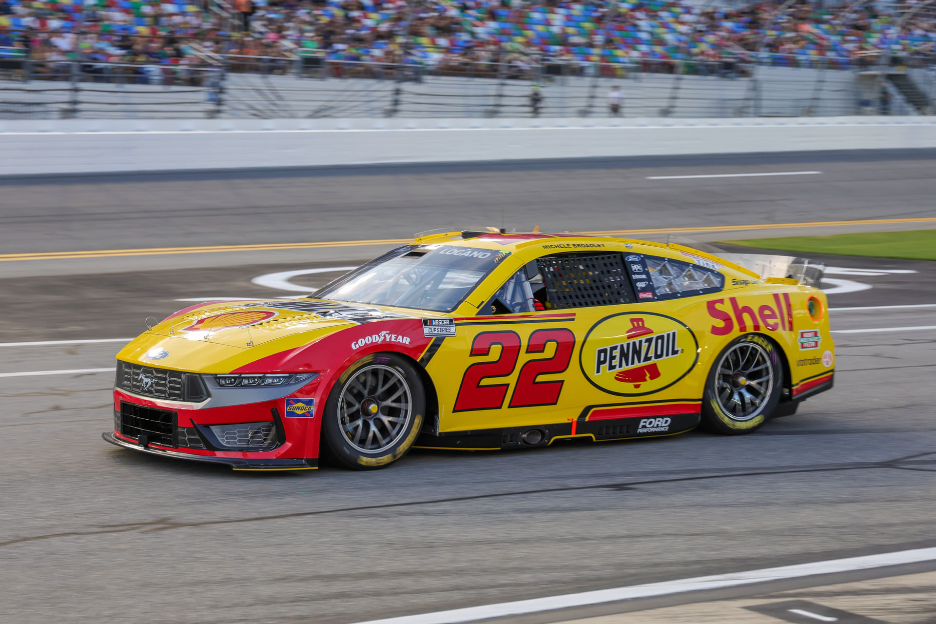NASCAR Cup Series driver Joey Logano (22) exits pit road before the start of the Coke Zero Sugar 400 at Daytona International Speedway. Mandatory Credit: Mike Watters-Imagn Images