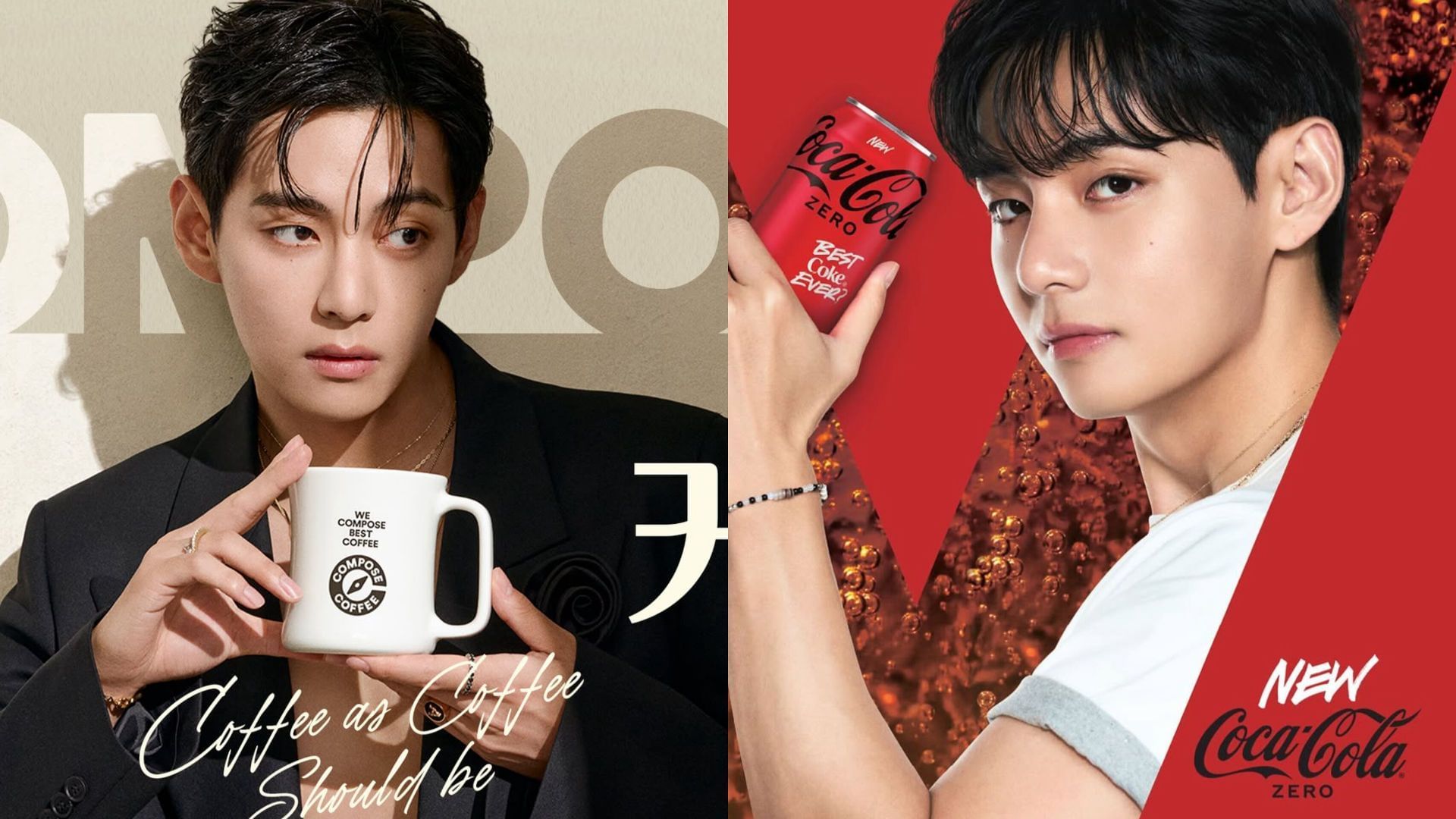 V&rsquo;s ad campaigns for Compose Coffee and Coca-Cola Zero (Images via Instagram/@composecoffee, @cocacola_korea)