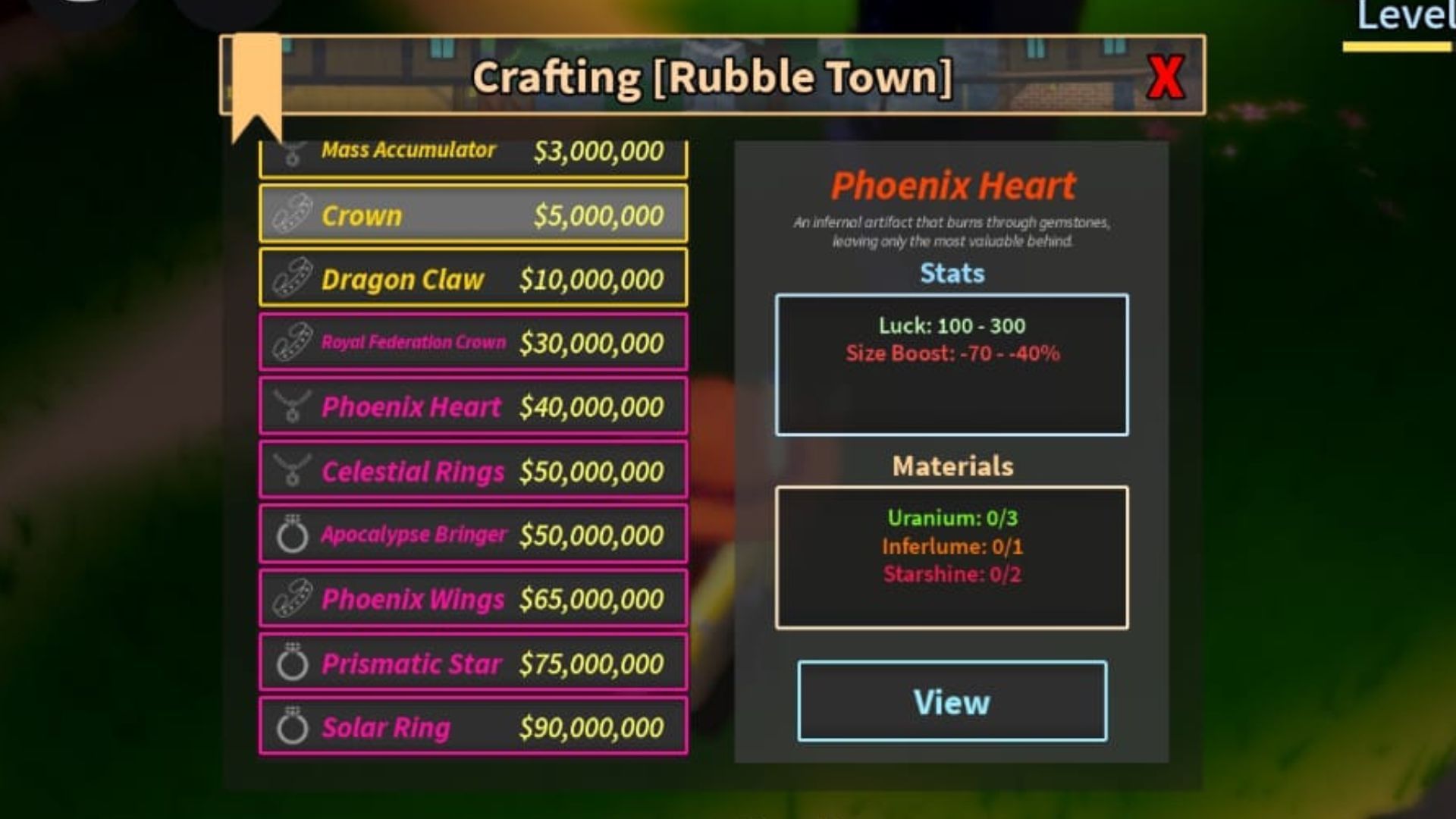 The Phoenix Heart crafting recipe (Image via Roblox)