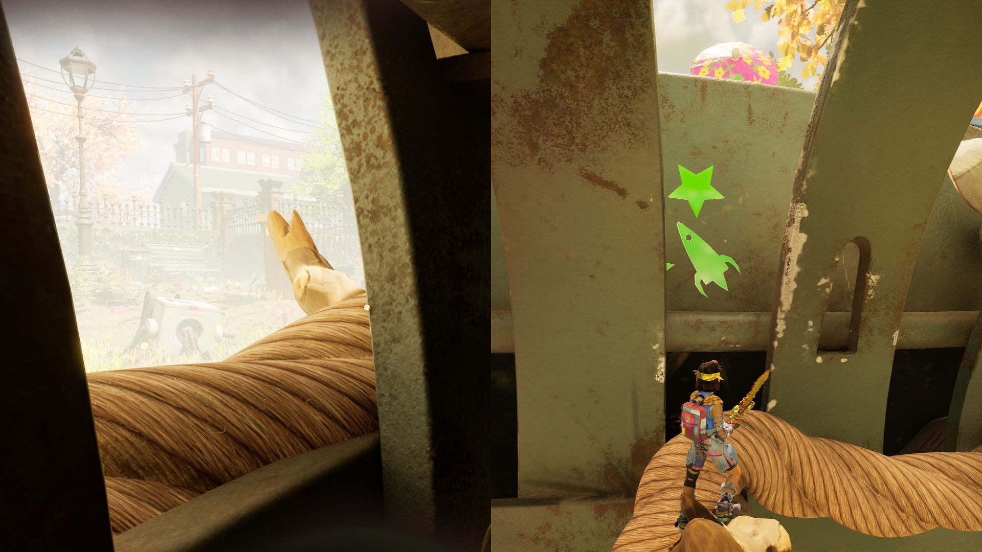 Climb on the rope and reach the rocket sticker (Image via Obsidian Entertainment)