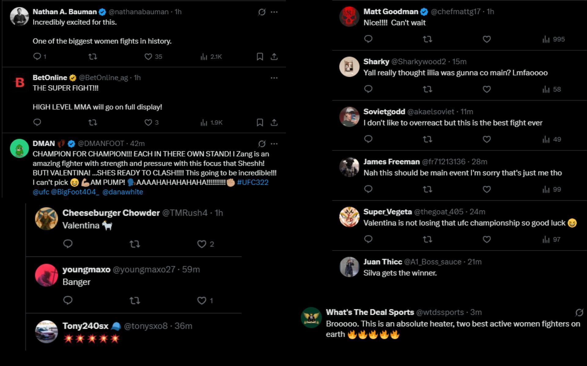 Fans react to Dana White announcing Valentina Shevchenko vs. Zhang Weili fight. [Screenshots courtesy: @espnmma on X]